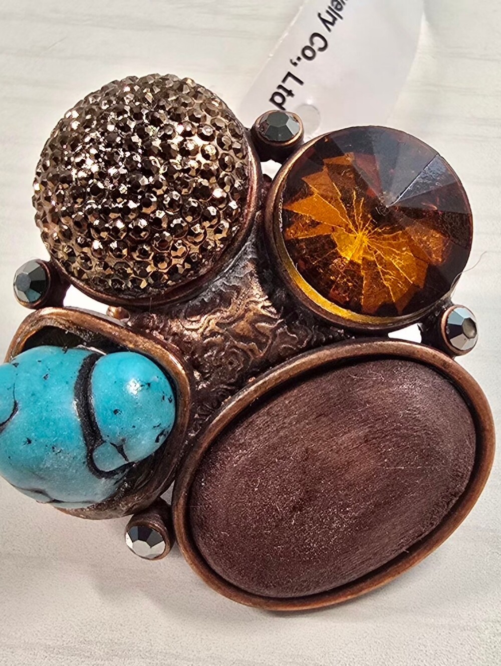 Statement Multi-Stone Cocktail Stretch Ring in Turquoise and Amber Tones